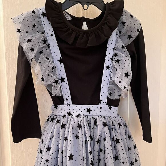 Pippa & Julie Blue Flocked Black Stars Mesh Jumper Dress 2-Pc Girls Size 4 NWT - Picture 3 of 12
